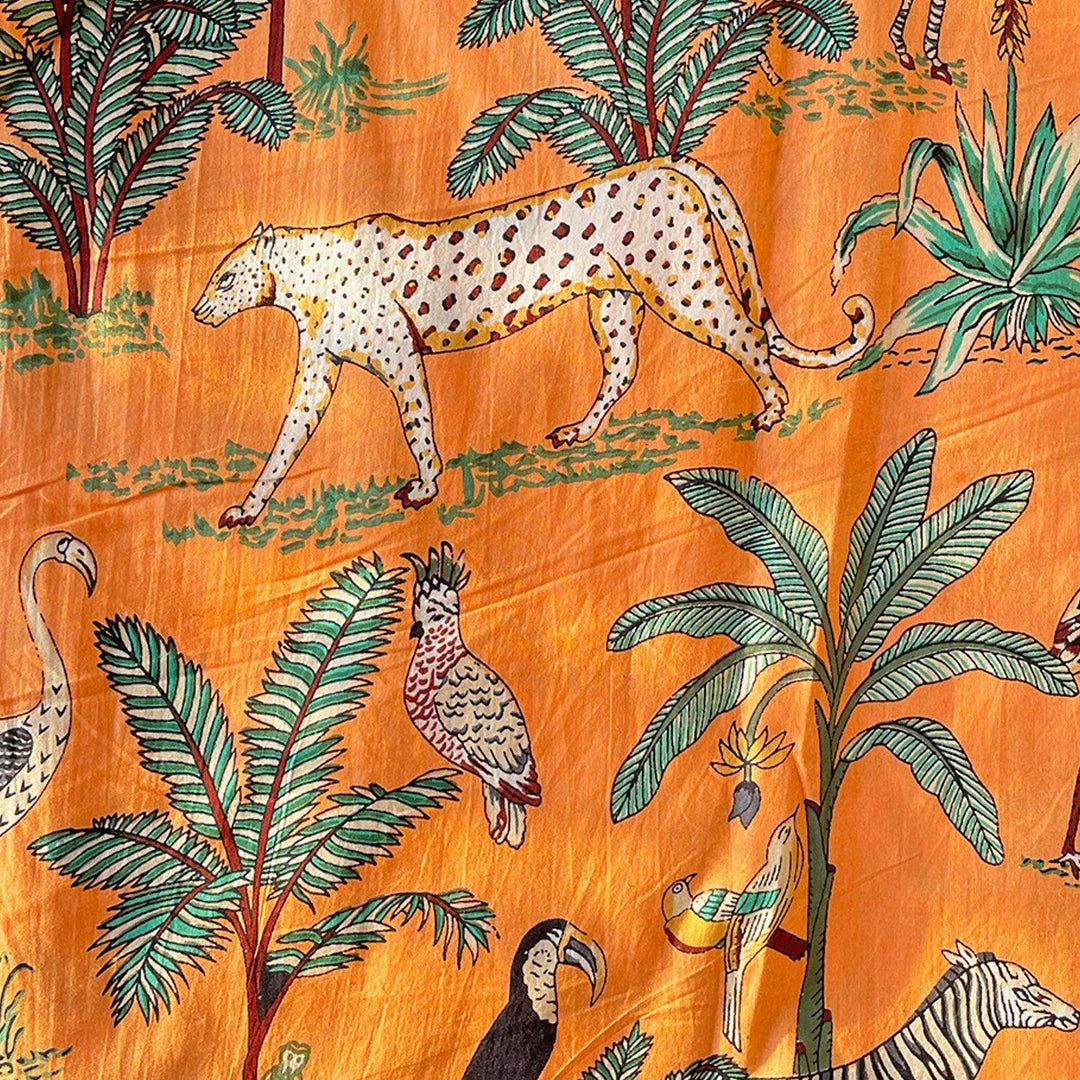 Orange Tropical Safari Hand Screenprinted Cotton Fabric-fabric-House of Ekam