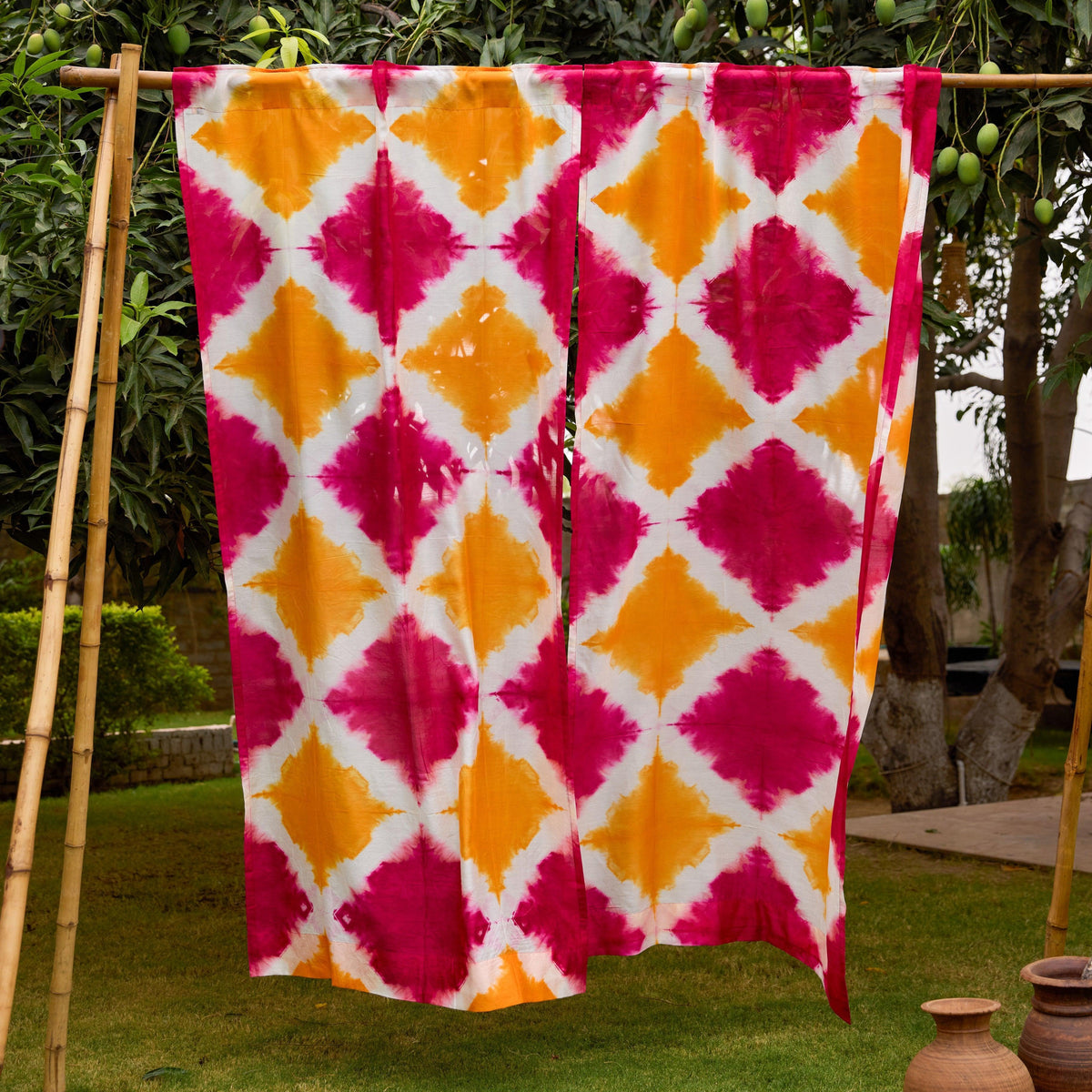 Orange and Pink Tie Dye Aamras Cotton Silk Curtain-Curtains-House of Ekam
