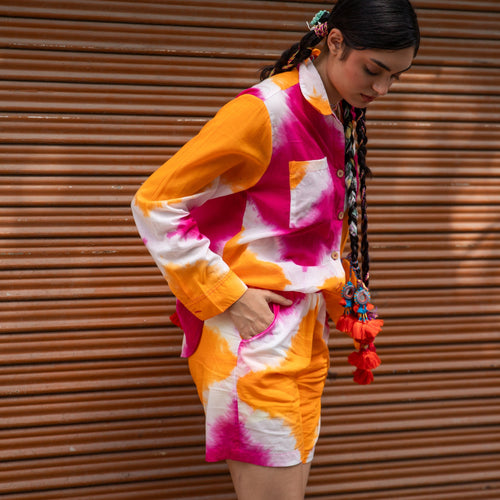 Orange and Pink Tie Dye Co-ord Set with Shorts-Coord sets-House of Ekam