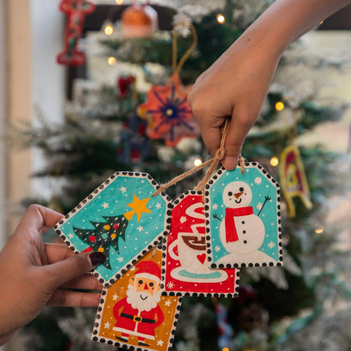 Paper Mache Hand Painted Stamp Christmas Ornaments Set of