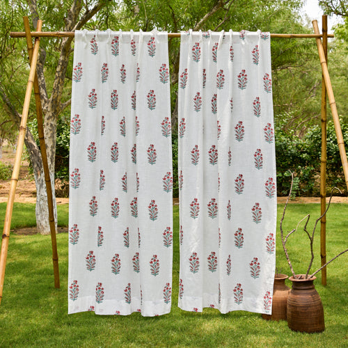 Parijat Pink Blockprint Cotton Slub Curtain-Curtains-House of Ekam