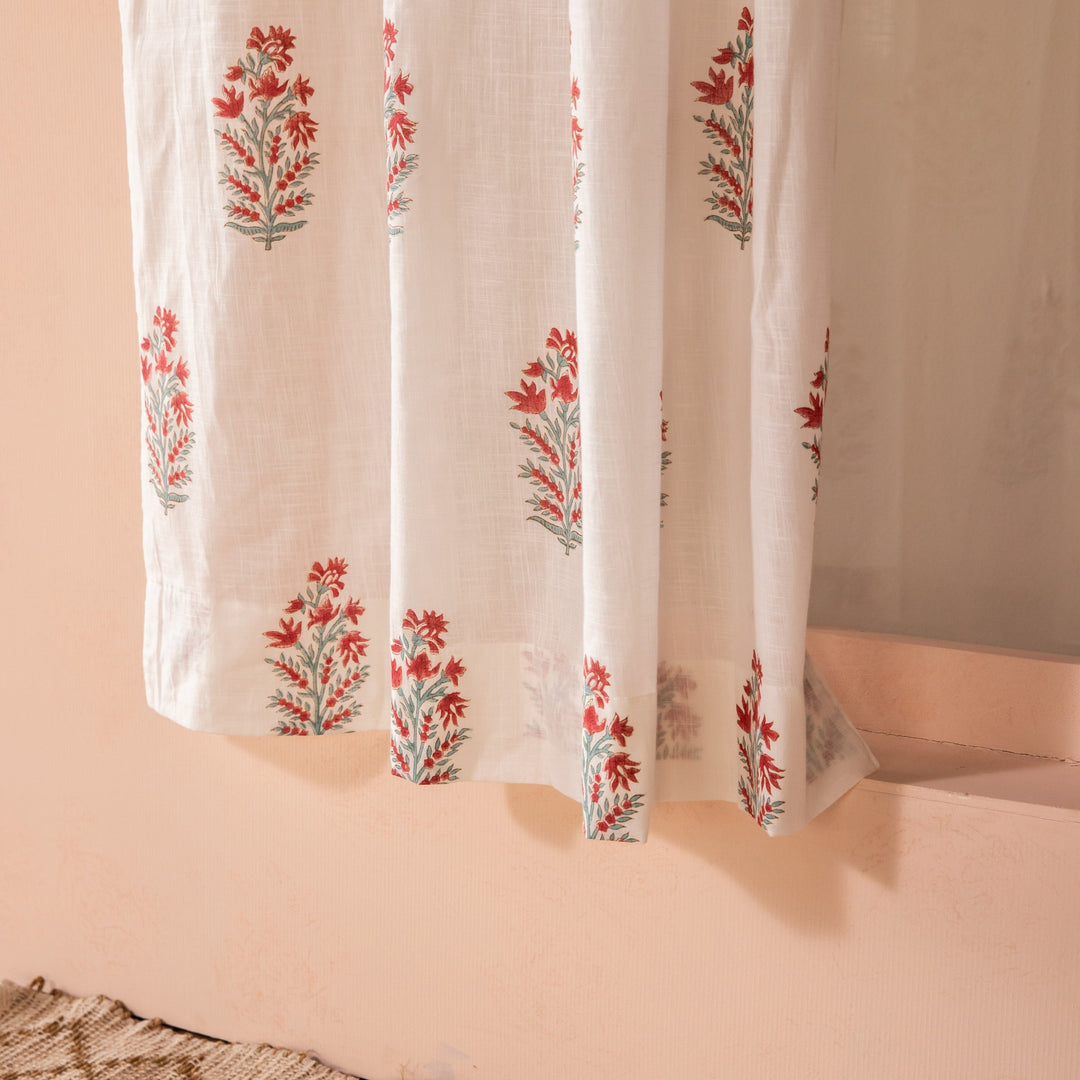 Parijat Pink Blockprint Cotton Slub Curtain-Curtains-House of Ekam