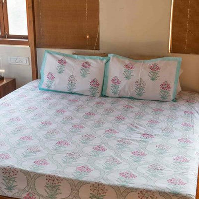 Pastel Blue Pink Cotton Blockprinted Mihrab Cotton Bedsheet-Bedsheets-House of Ekam
