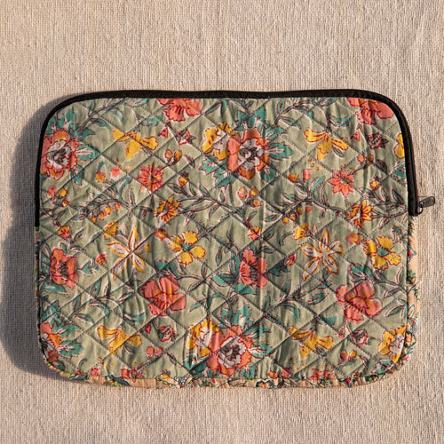 Pastel Green Floral Blockprinted Laptop Sleeve-Laptop Sleeves-House of Ekam