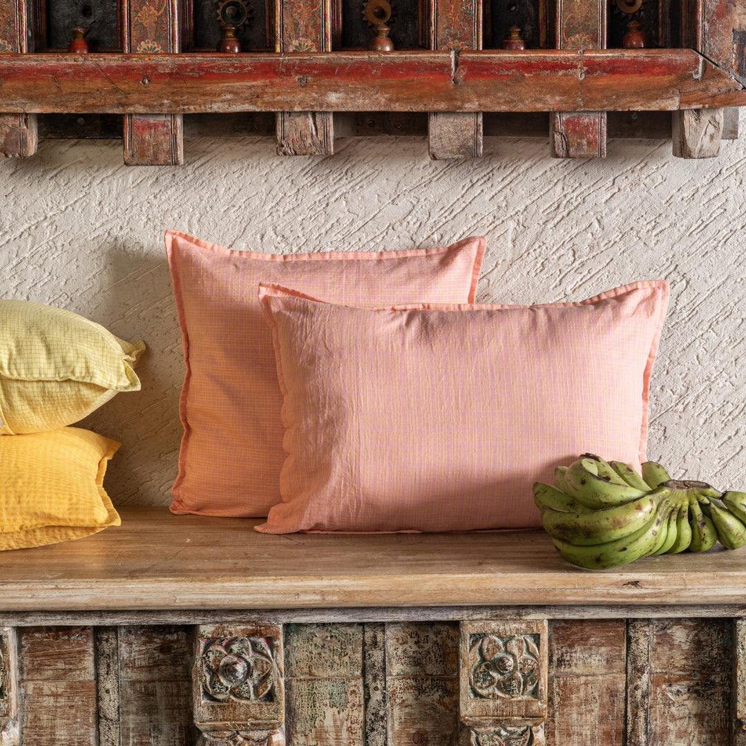 Pastel Pink Checks Venkatagiri Cotton Handloom Cushion Cover-Cushion Covers-House of Ekam