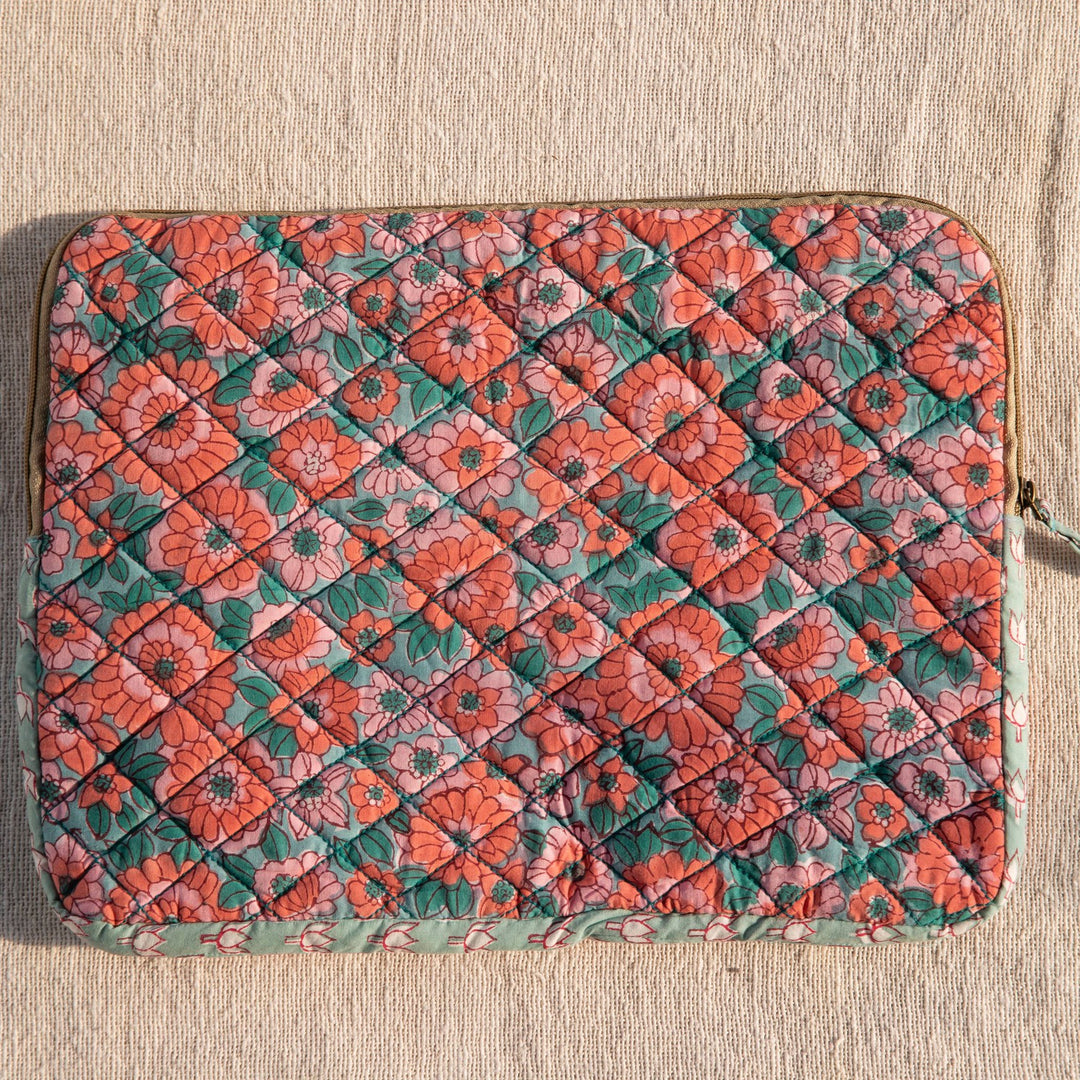 Peach &amp; Green Daisy Blockprinted Laptop Sleeve-Laptop Sleeves-House of Ekam