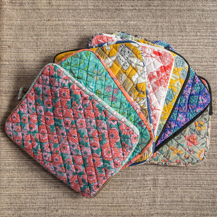 Peach &amp; Green Daisy Blockprinted Laptop Sleeve-Laptop Sleeves-House of Ekam