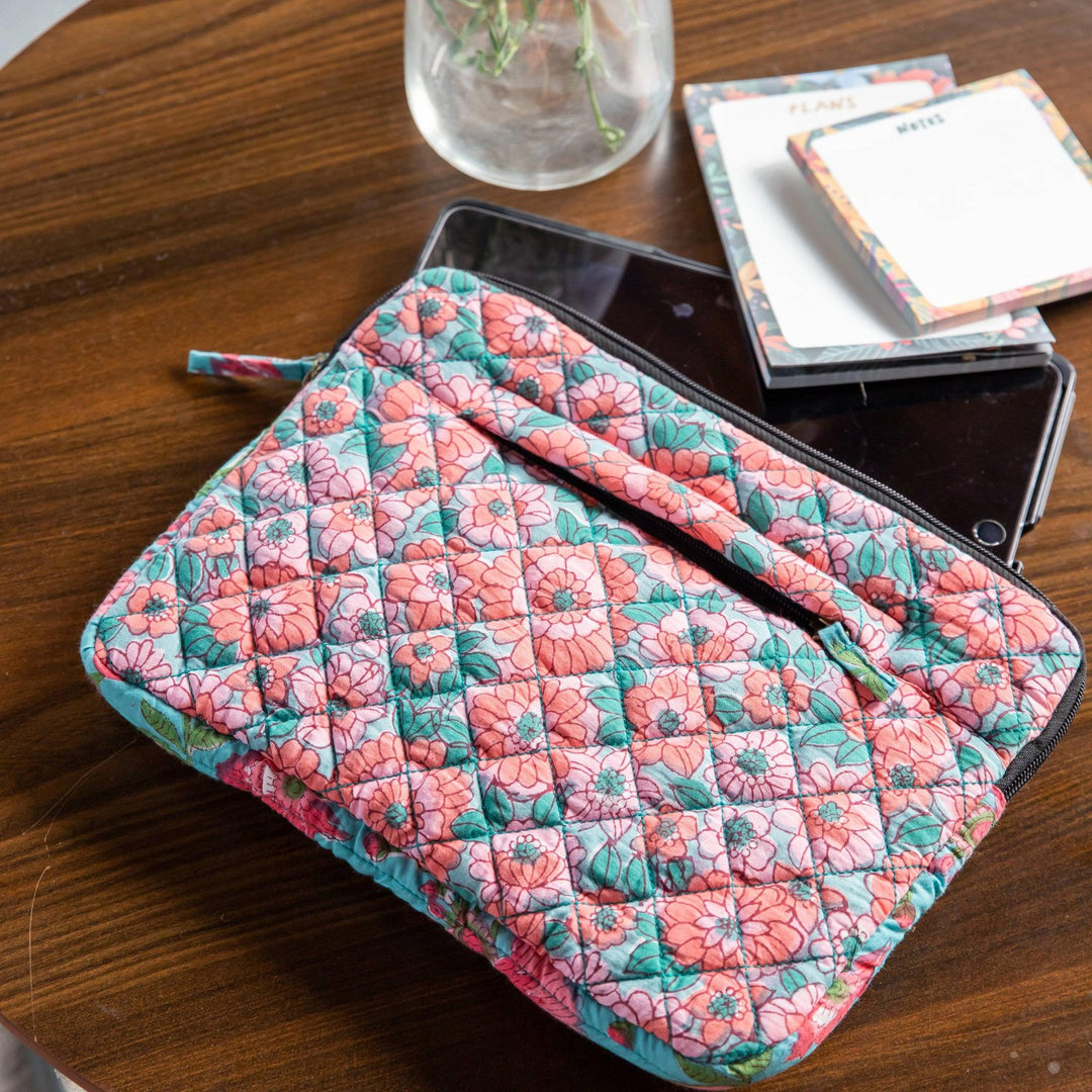 Peach &amp; Green Daisy Blockprinted Laptop Sleeve-Laptop Sleeves-House of Ekam