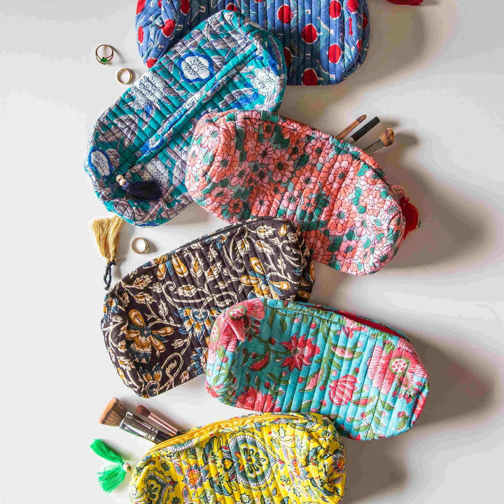 Peach &amp; Green Daisy Blockprinted Pouch Set of 2-Pouches-House of Ekam