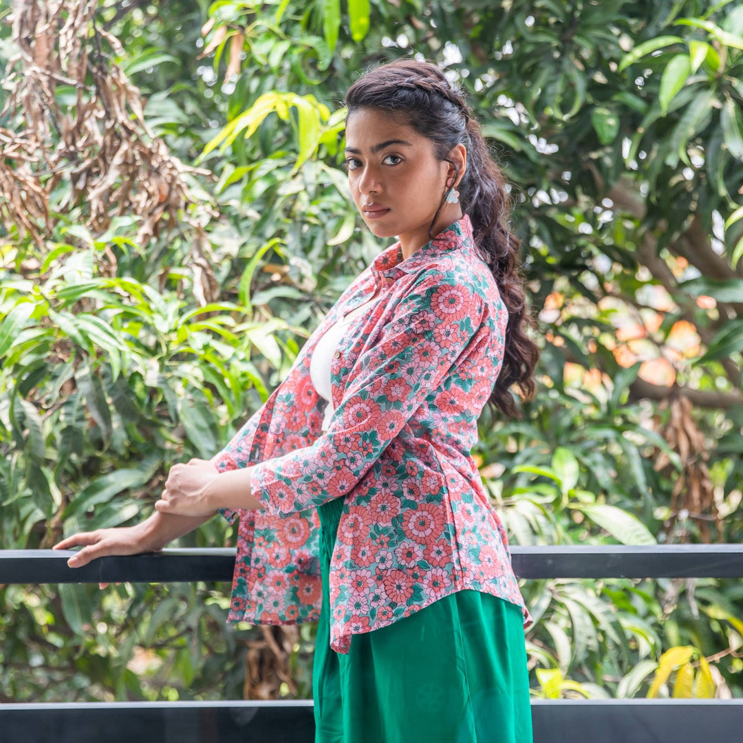 Peach &amp; Green Daisy Floral Handblock Printed Shirt-Shirts-House of Ekam