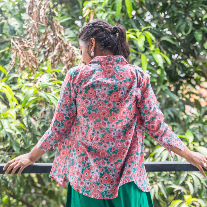 Peach &amp; Green Daisy Floral Handblock Printed Shirt-Shirts-House of Ekam