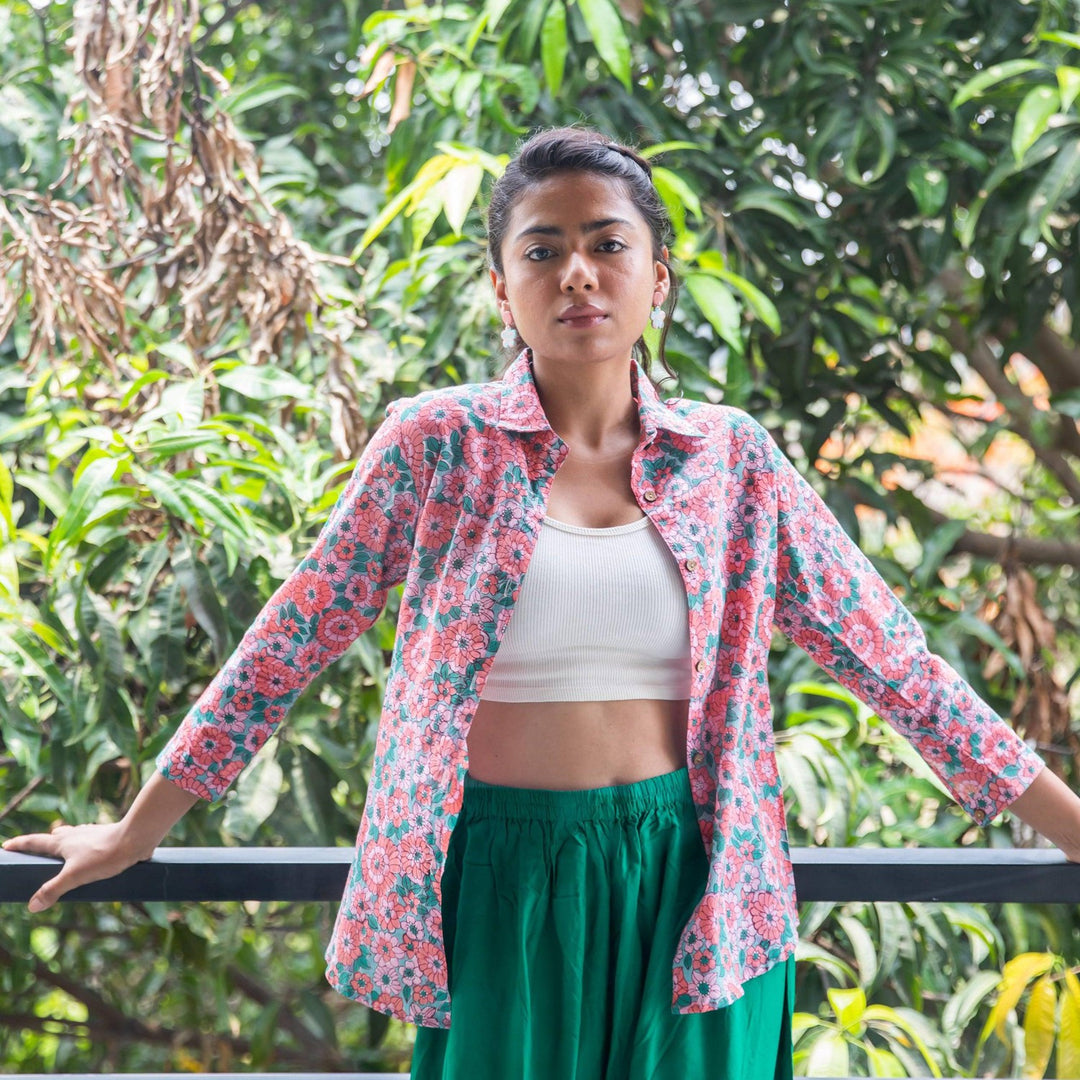 Peach &amp; Green Daisy Floral Handblock Printed Shirt-Shirts-House of Ekam