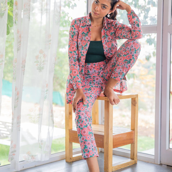 Peach &amp; Green Daisy Hand Blockprinted Co-ord Set-Coord sets-House of Ekam