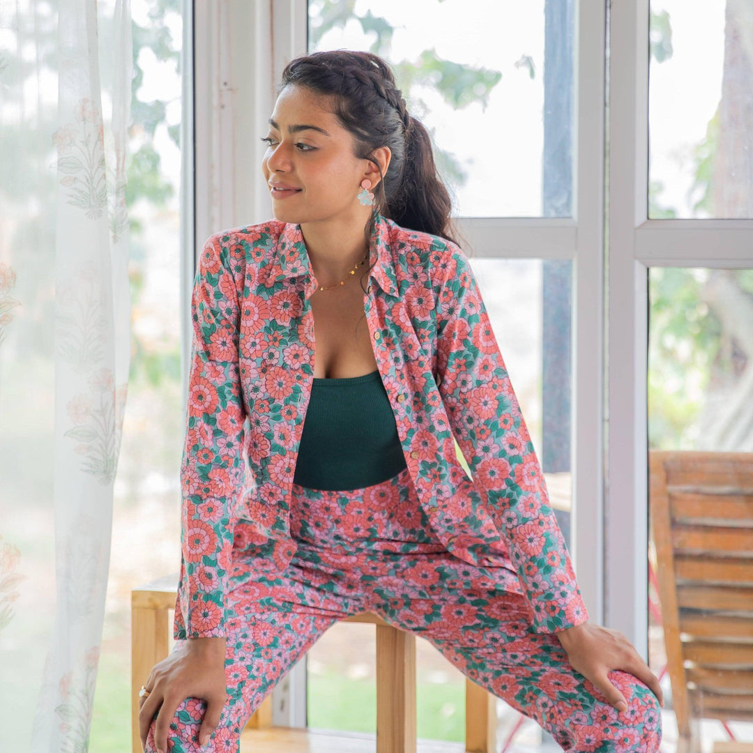 Peach &amp; Green Daisy Hand Blockprinted Co-ord Set-Coord sets-House of Ekam