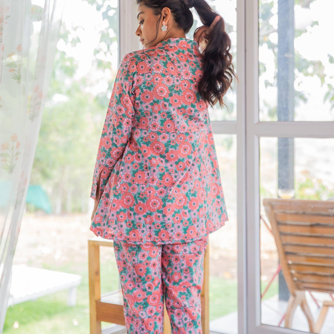 Peach &amp; Green Daisy Hand Blockprinted Co-ord Set-Coord sets-House of Ekam