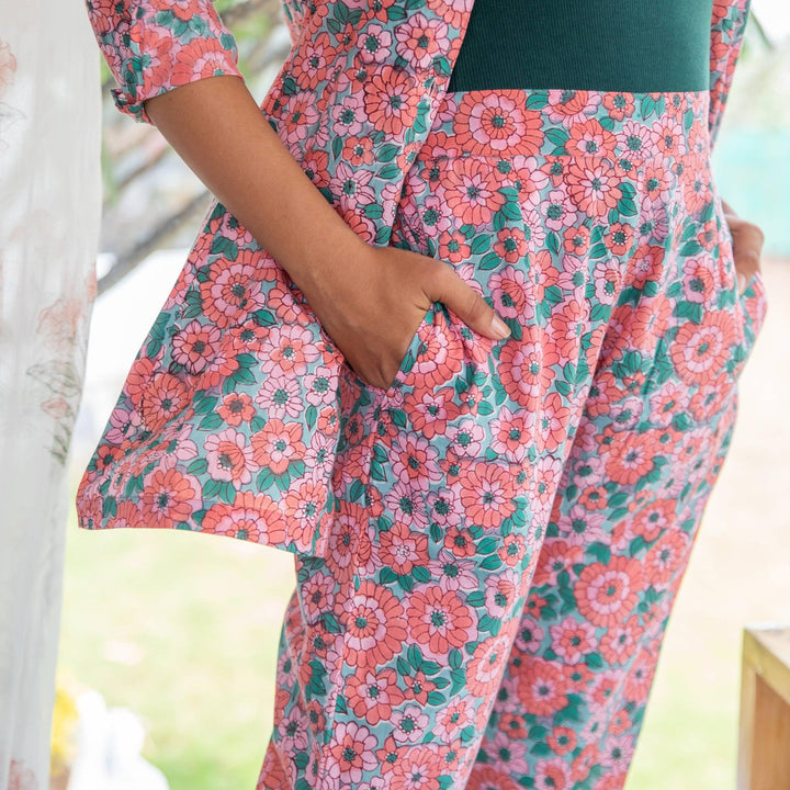 Peach &amp; Green Daisy Hand Blockprinted Co-ord Set-Coord sets-House of Ekam