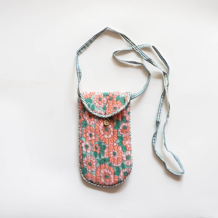 Peach &amp; Green Daisy Hand Blockprinted Phone Sling-Phone Sling-House of Ekam