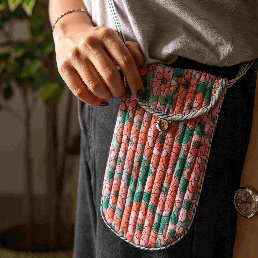 Peach &amp; Green Daisy Hand Blockprinted Phone Sling-Phone Sling-House of Ekam