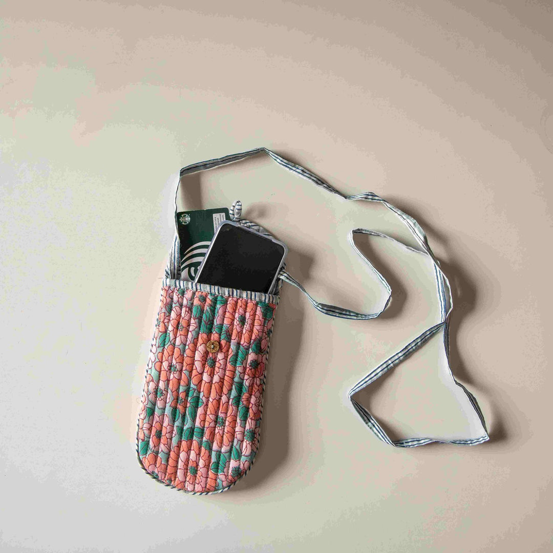 Peach &amp; Green Daisy Hand Blockprinted Phone Sling-Phone Sling-House of Ekam