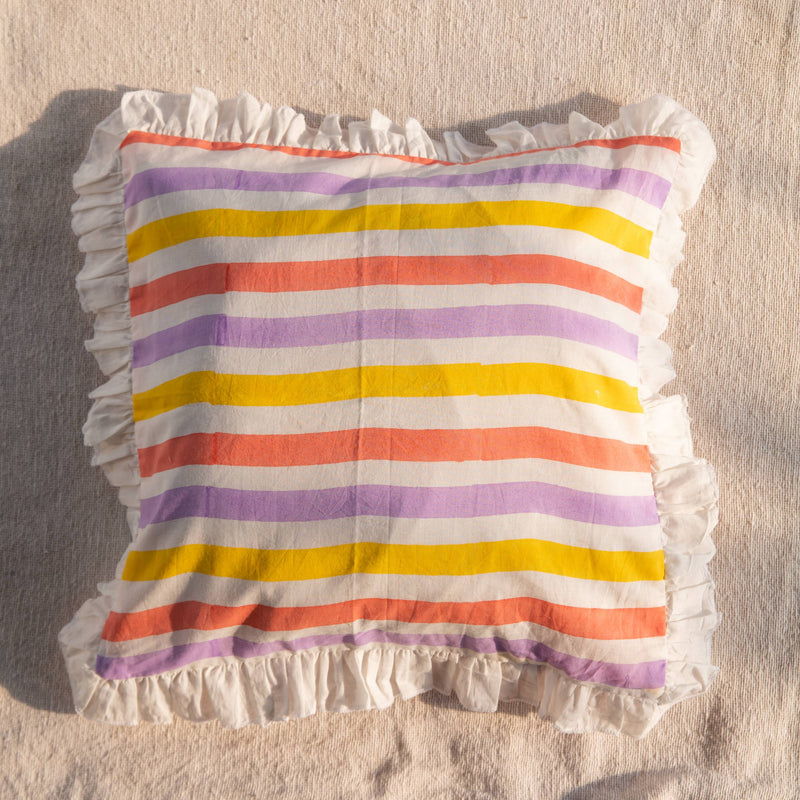 Peach Stripe Blockprint White Ruffle Cushion Cover-Cushion Covers-House of Ekam