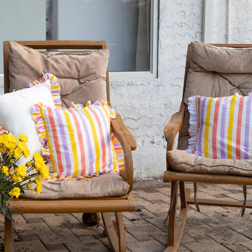 Peach Stripe Blockprint White Ruffle Cushion Cover-Cushion Covers-House of Ekam