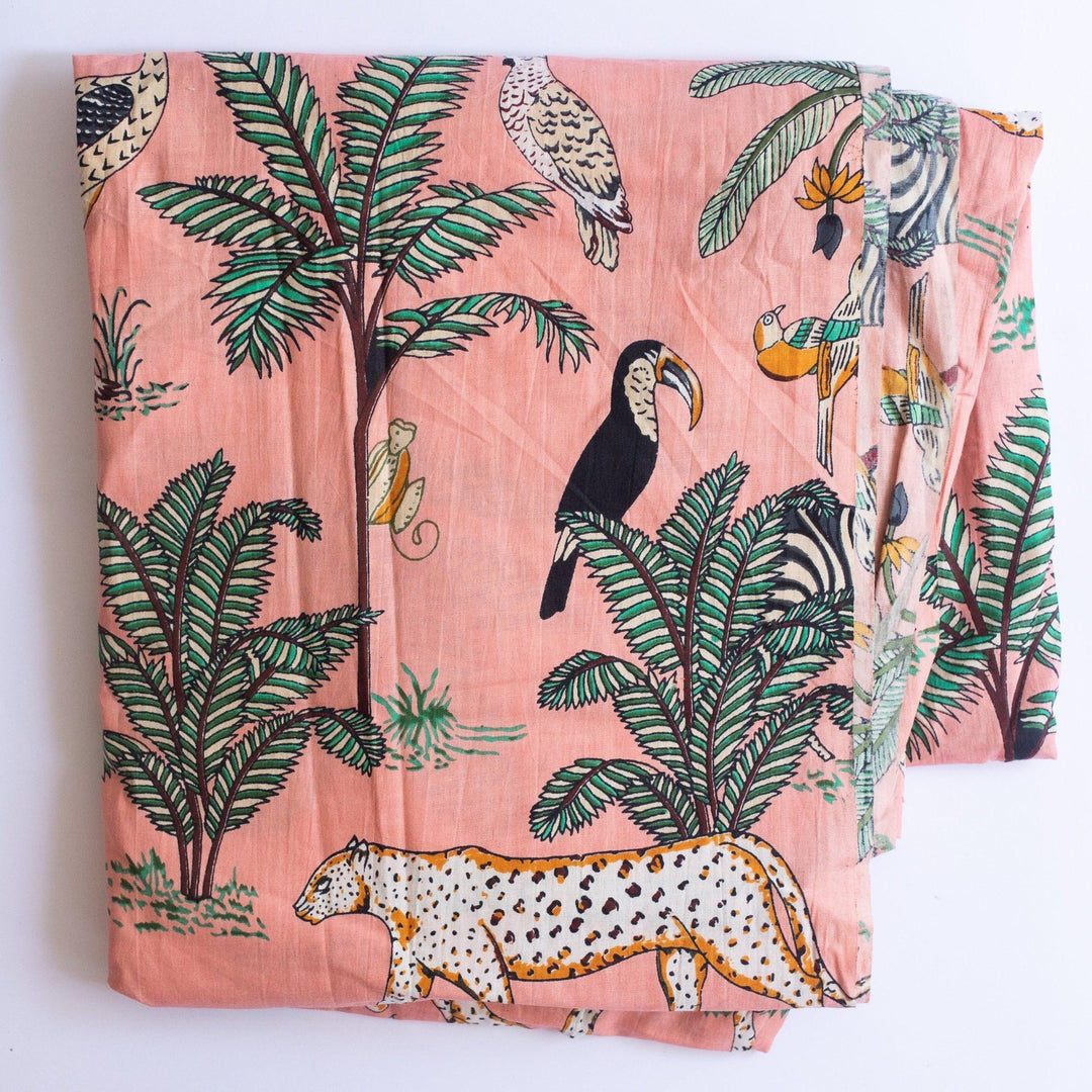 Peach Tropical Safari Hand Screenprinted Cotton Fabric-fabric-House of Ekam