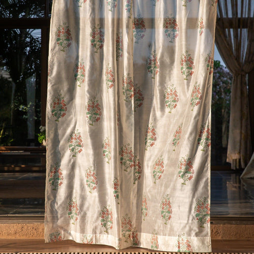 Peach and Green Dewdrop Blockprint Maheshwari Silk Curtain-Curtains-House of Ekam