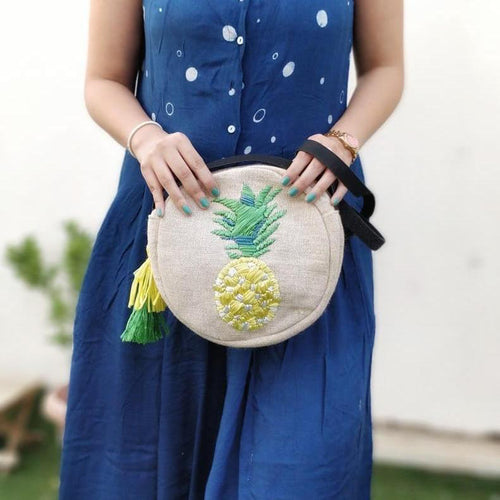 Pineapple Raffia Embroidered Cross Body Bag-Bags-House of Ekam