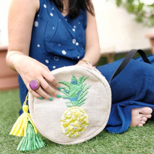 Pineapple Raffia Embroidered Cross Body Bag-Bags-House of Ekam