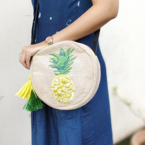 Pineapple Raffia Embroidered Cross Body Bag-Bags-House of Ekam