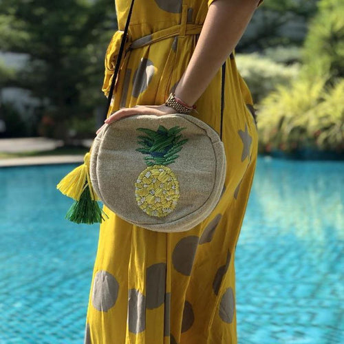 Pineapple Raffia Embroidered Cross Body Bag-Bags-House of Ekam