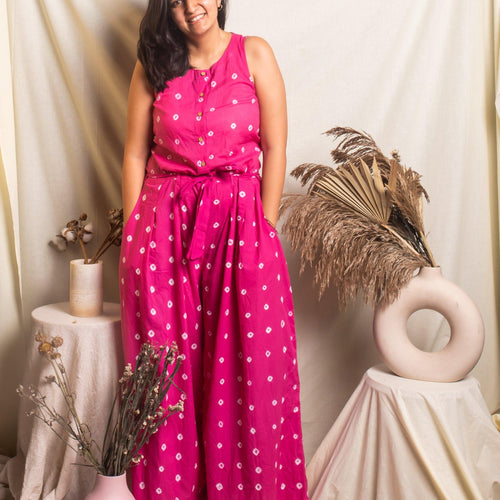 Pink Bandhani Jumpsuit-Jump suits-House of Ekam