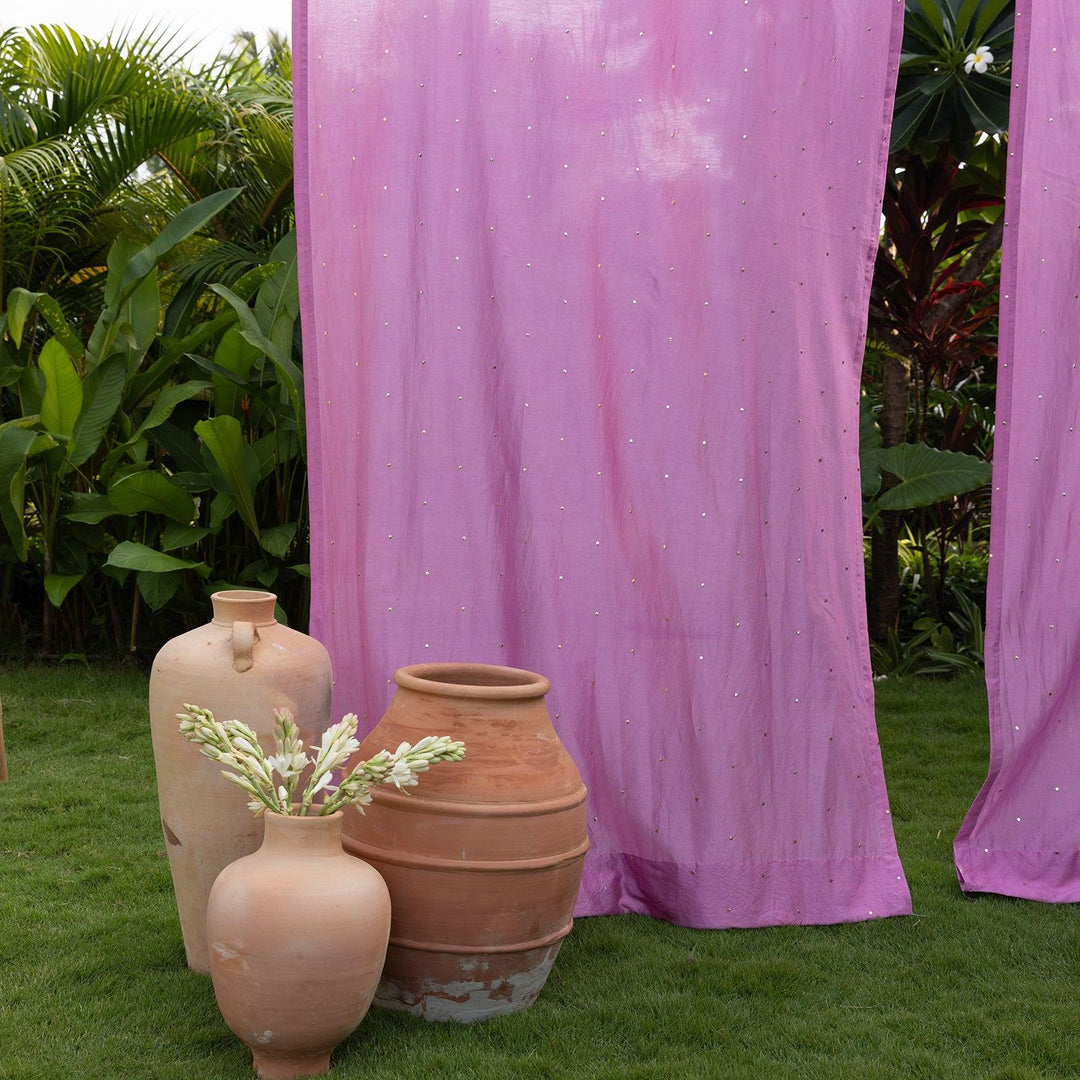Pink Chanderi Mukaish Work Shiny Handmade Curtain-Curtains-House of Ekam