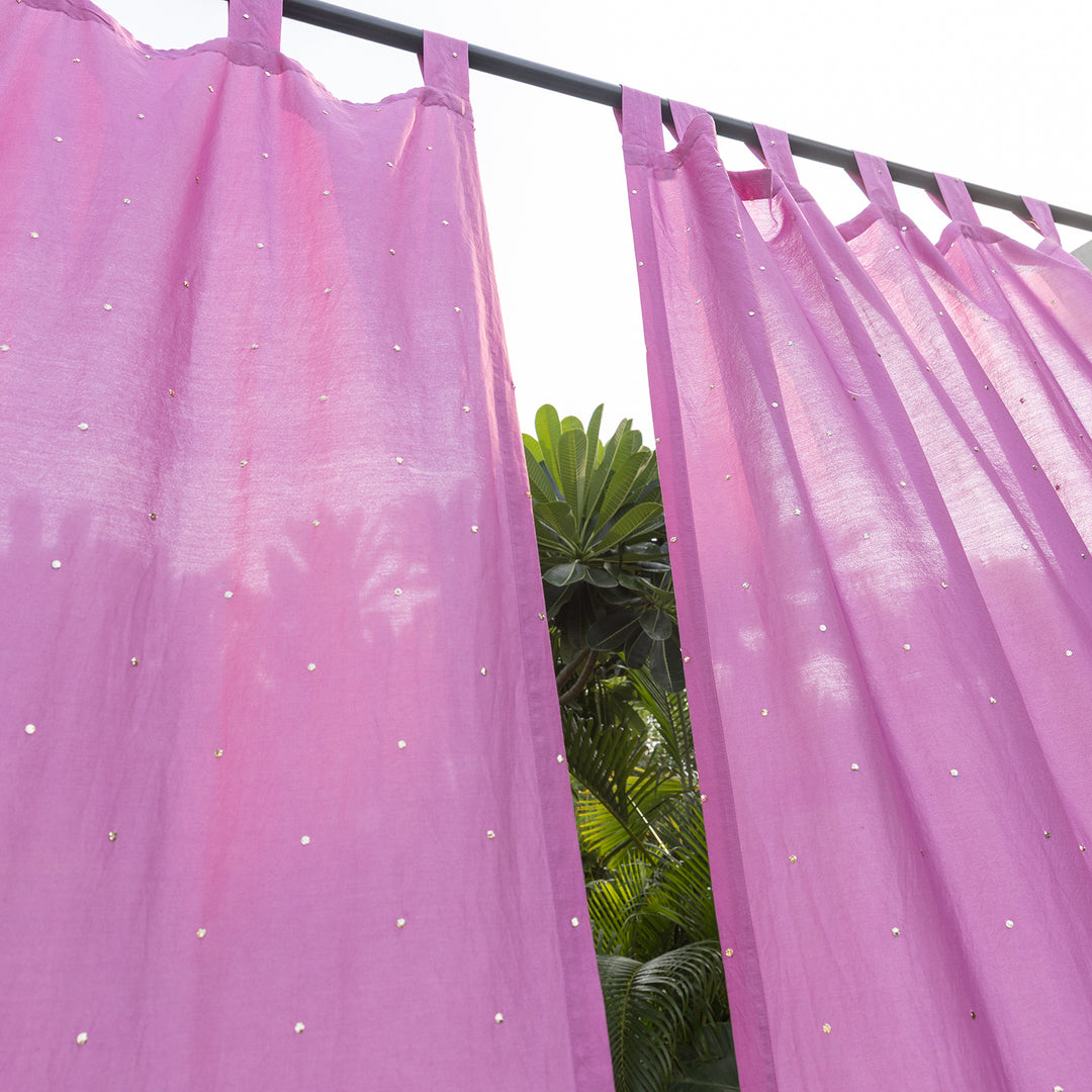 Pink Chanderi Mukaish Work Shiny Handmade Curtain-Curtains-House of Ekam