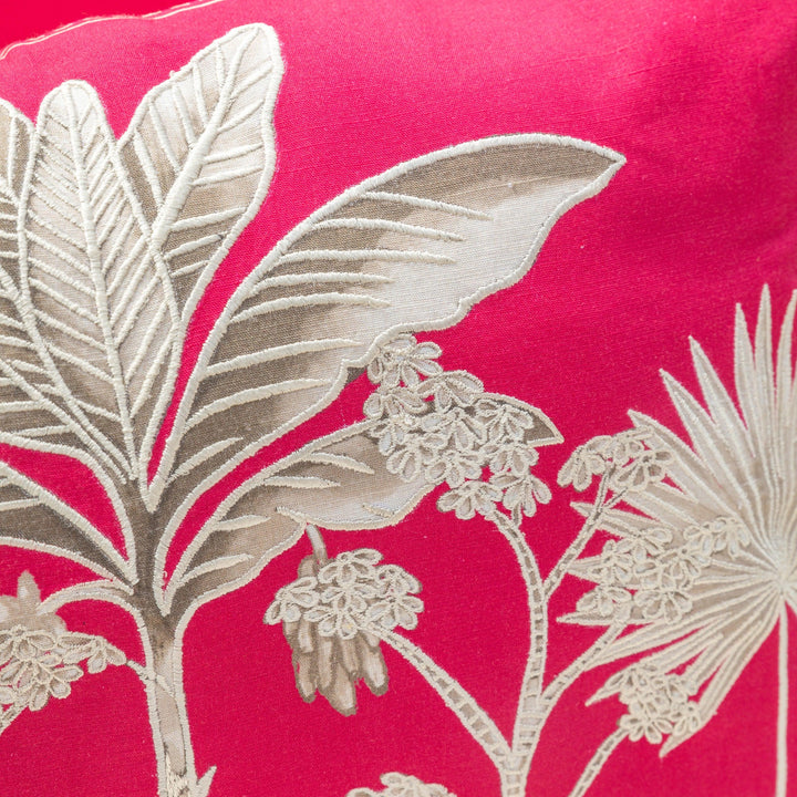 Pink Embroidered Tropicasa Haven Cotton Linen Cushion Cover-Cushion Covers-House of Ekam