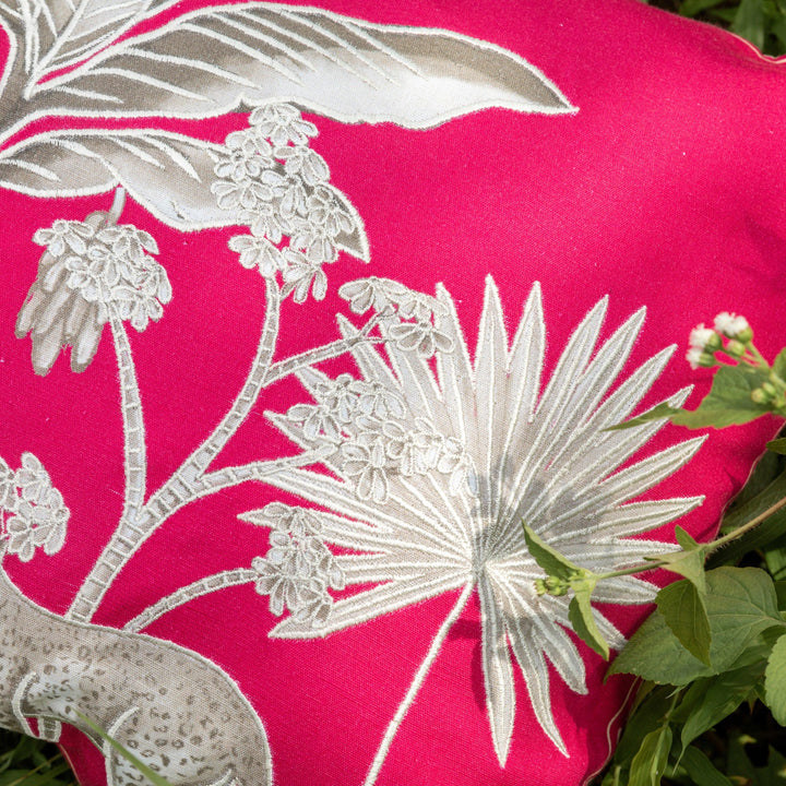 Pink Embroidered Tropicasa Haven Cotton Linen Cushion Cover-Cushion Covers-House of Ekam