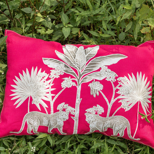 Pink Embroidered Tropicasa Haven Cotton Linen Cushion Cover-Cushion Covers-House of Ekam