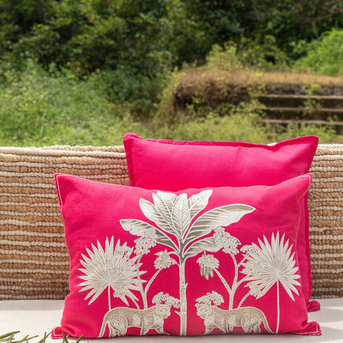 Pink Embroidered Tropicasa Haven Cotton Linen Cushion Cover-Cushion Covers-House of Ekam
