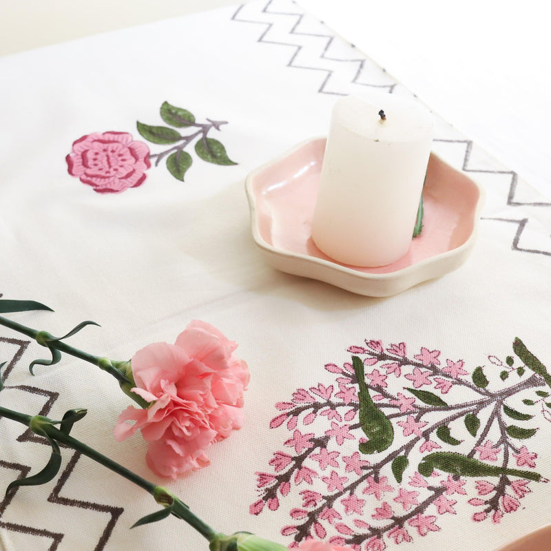 Pink Floral Blockprint Table Runner-Table Runners-House of Ekam