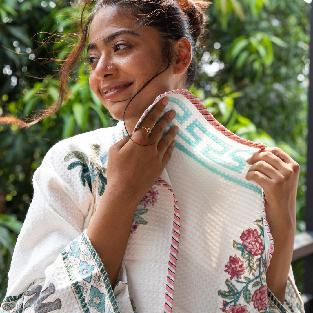 Pink &amp; Green Begonia Blockprint Bath/Hand/Face Waffle Towel-bath towels-House of Ekam