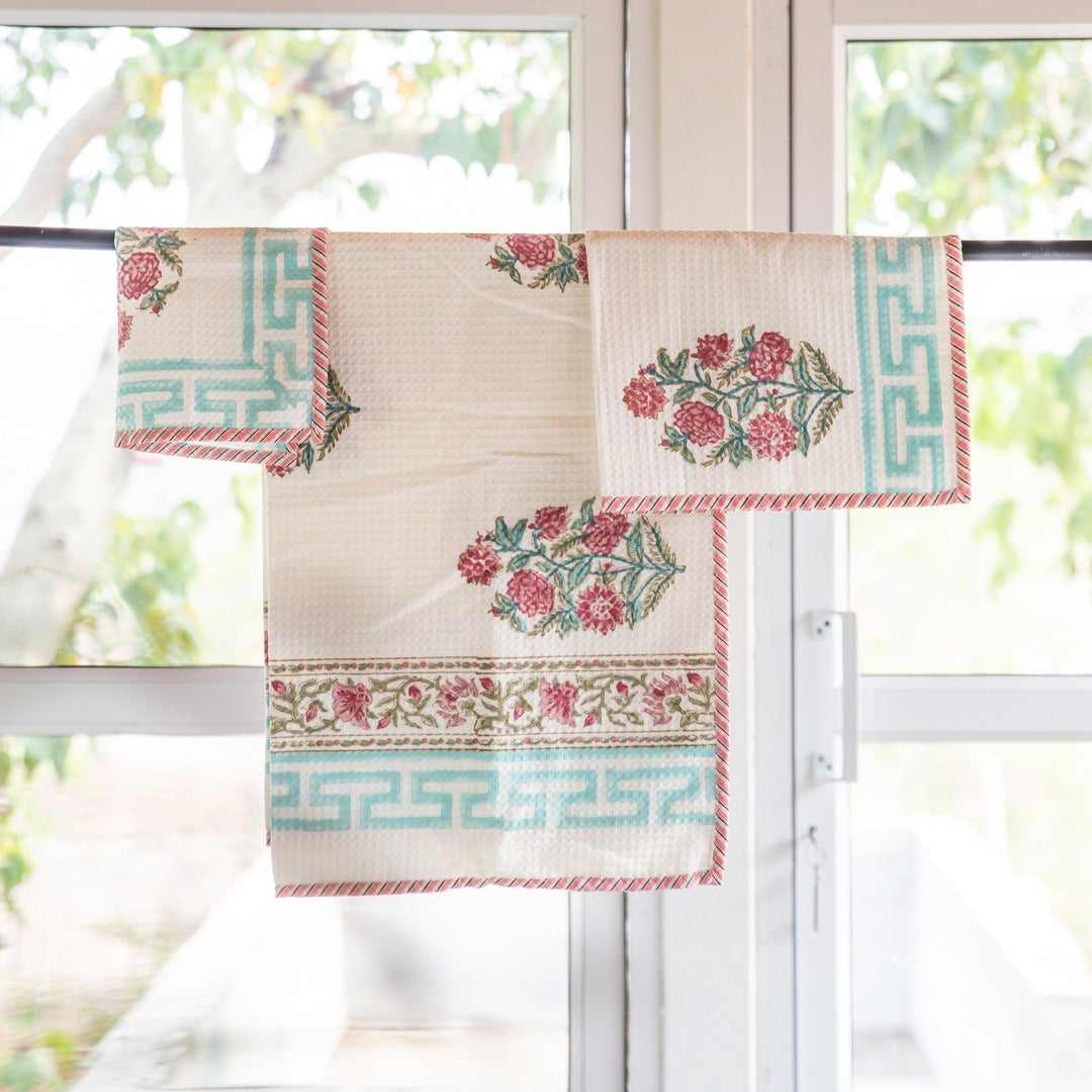 Pink &amp; Green Begonia Blockprint Bath/Hand/Face Waffle Towel-bath towels-House of Ekam