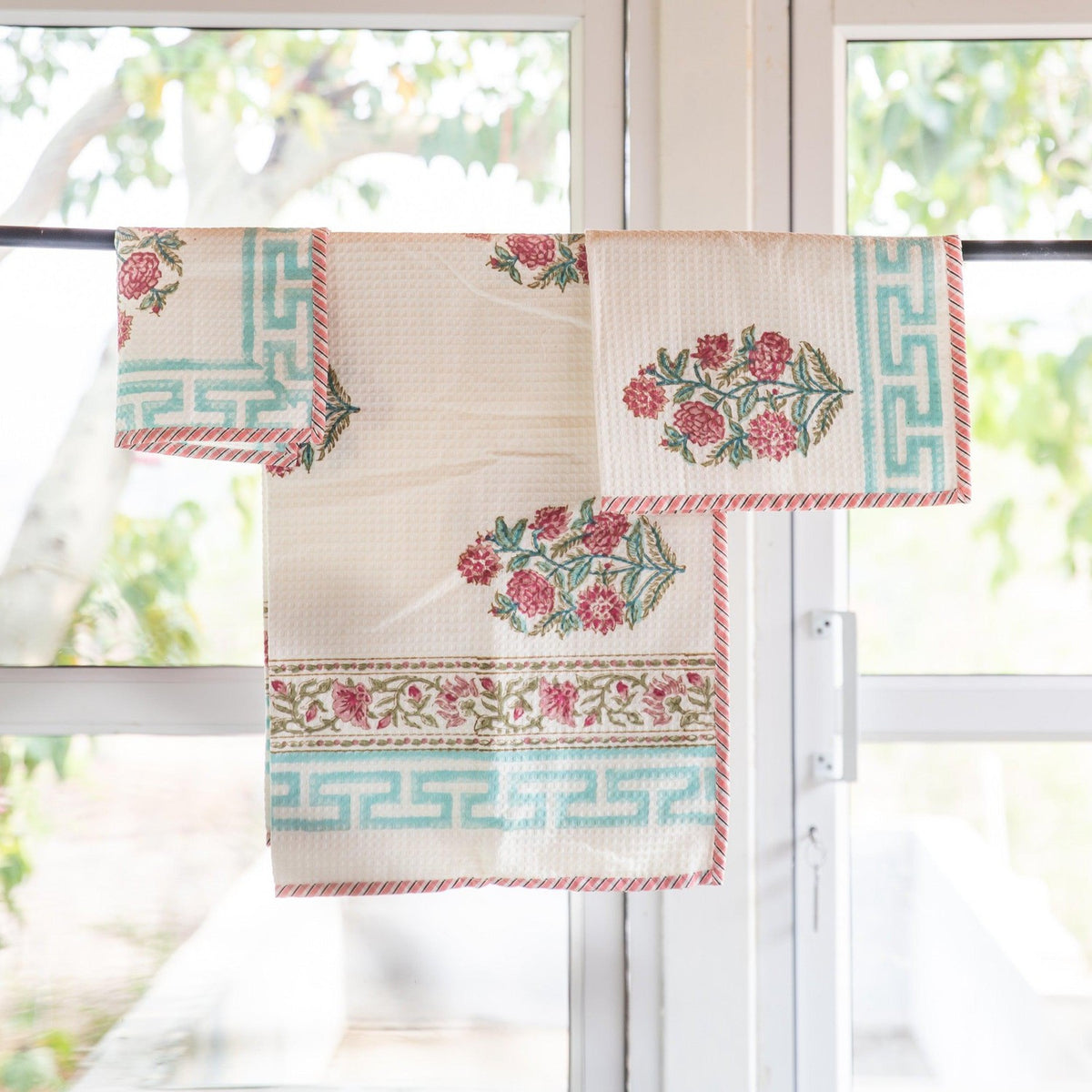 Pink & Green Begonia Blockprint Bath/Hand/Face Waffle Towel-bath towels-House of Ekam