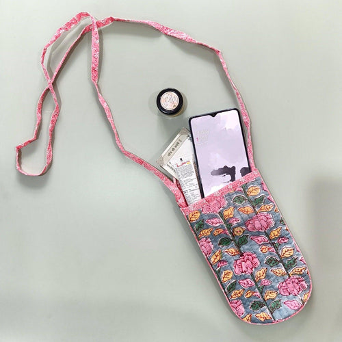 Pink & Green Blockprinted Twine Phone Sling-Phone Sling-House of Ekam