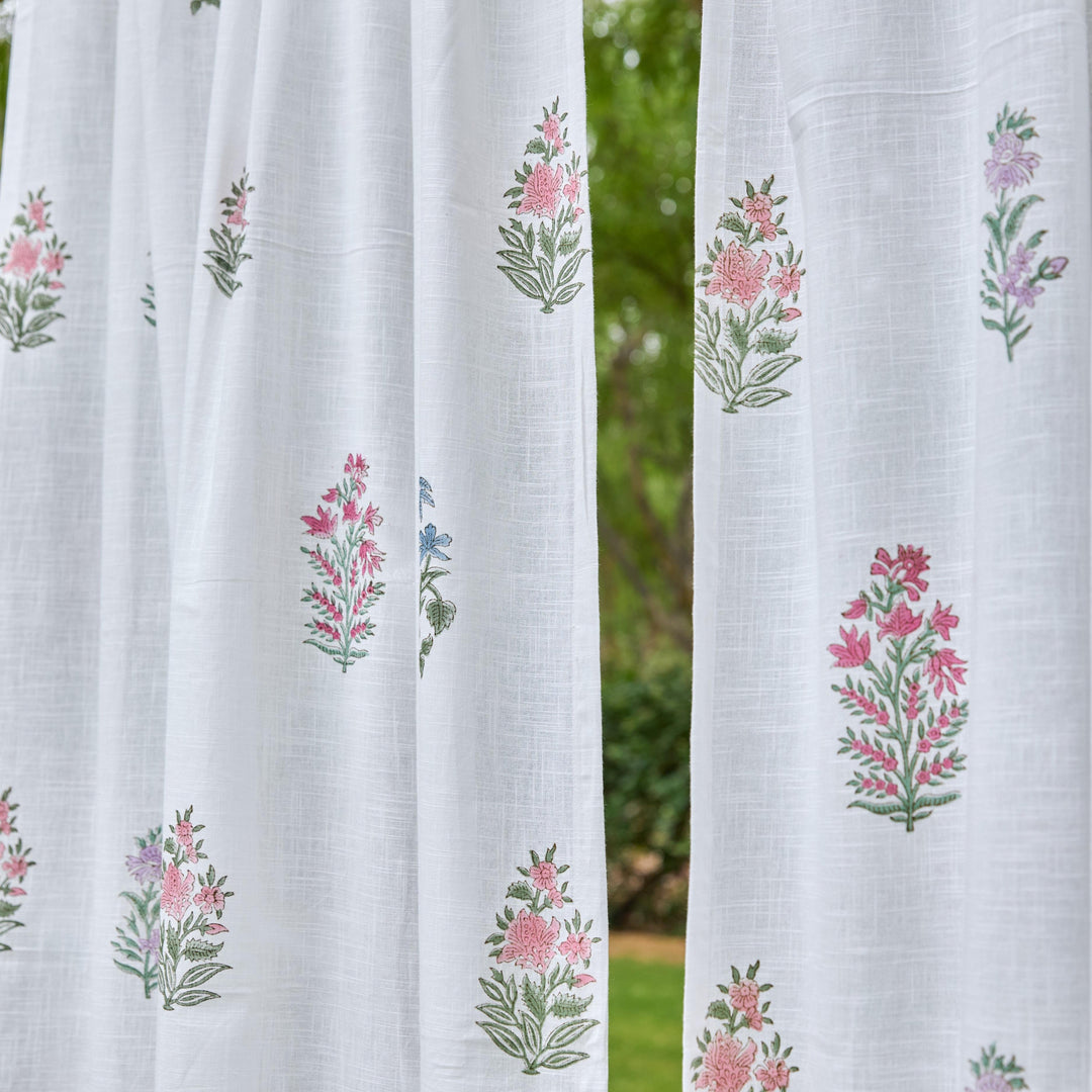 Pink &amp; Green Multi Buti Noor Blockprint Cotton Slub Curtain-Curtains-House of Ekam