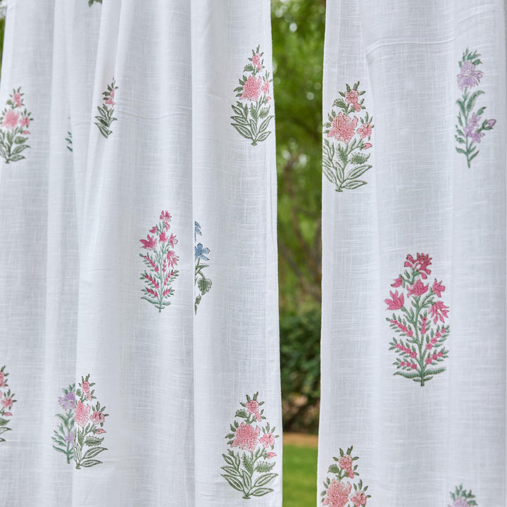 Pink &amp; Green Multi Buti Noor Blockprint Cotton Slub Curtain-Curtains-House of Ekam