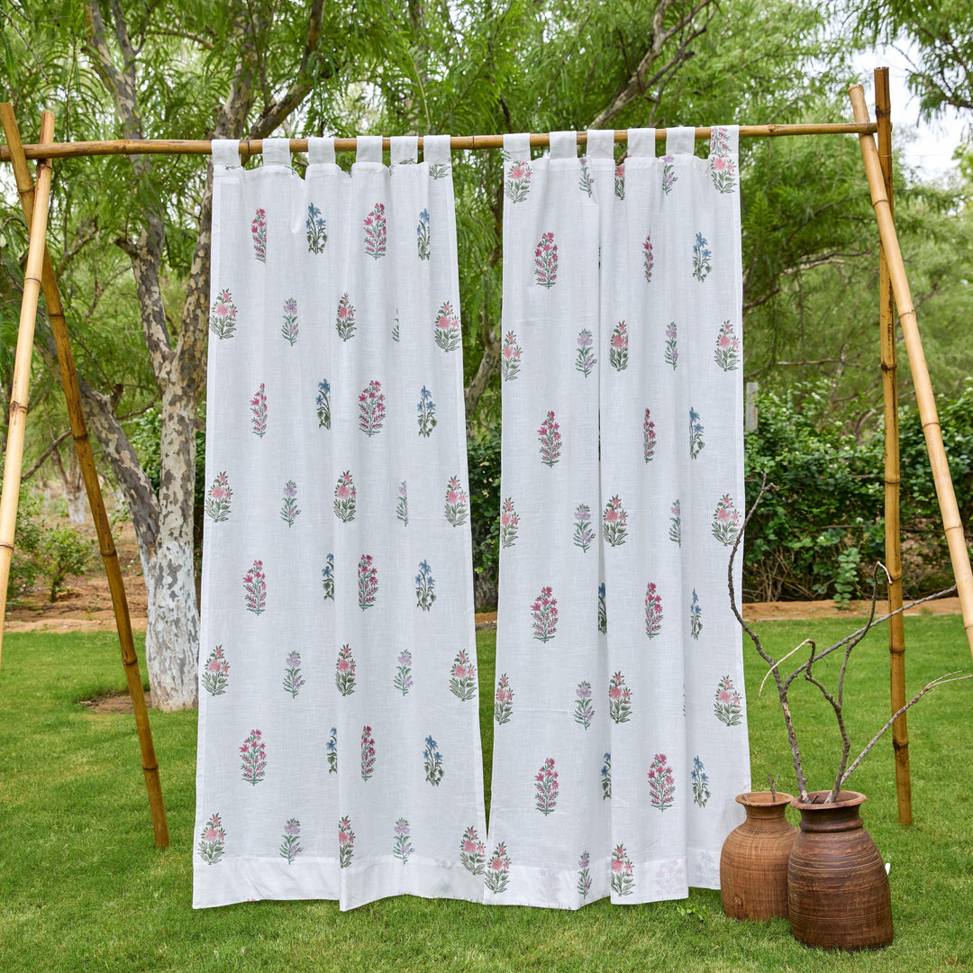 Pink &amp; Green Multi Buti Noor Blockprint Cotton Slub Curtain-Curtains-House of Ekam