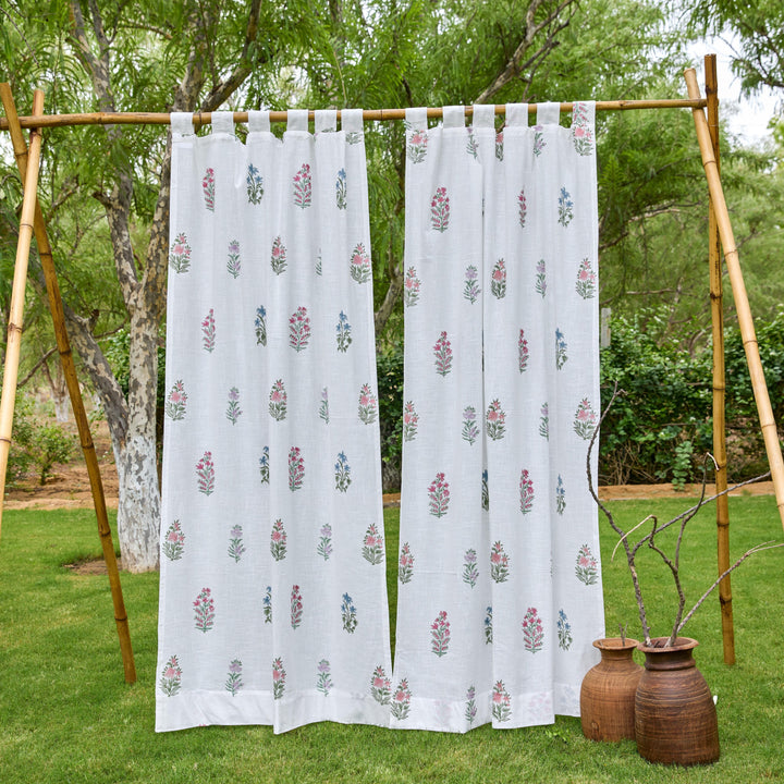 Pink &amp; Green Multi Buti Noor Blockprint Cotton Slub Curtain-Curtains-House of Ekam