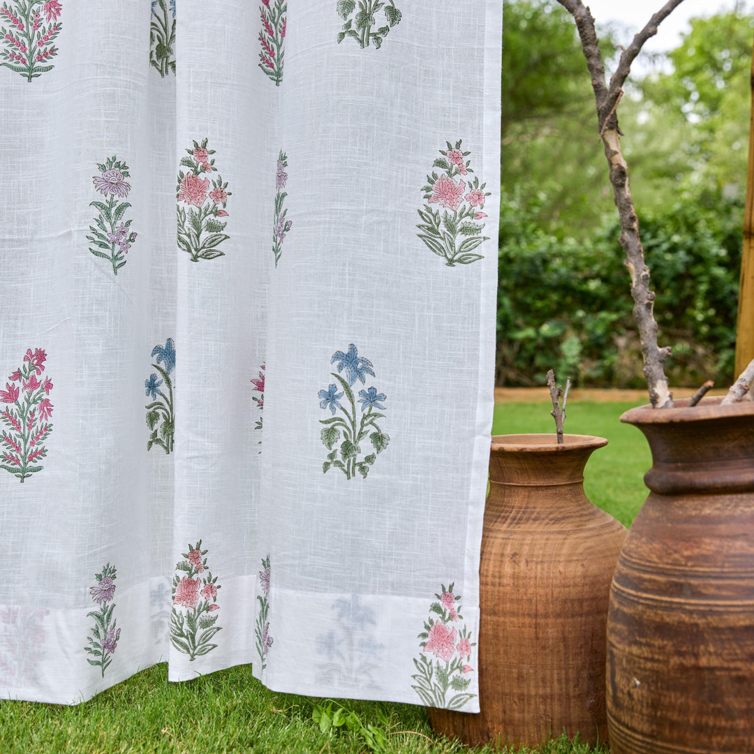 Pink &amp; Green Multi Buti Noor Blockprint Cotton Slub Curtain-Curtains-House of Ekam