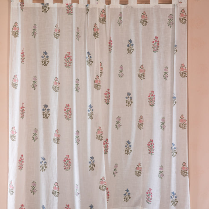Pink &amp; Green Multi Buti Noor Blockprint Cotton Slub Curtain-Curtains-House of Ekam