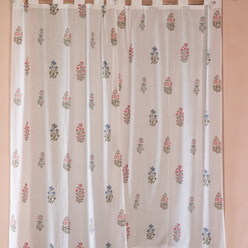 Pink & Green Multi Buti Noor Blockprint Cotton Slub Curtain-Curtains-House of Ekam